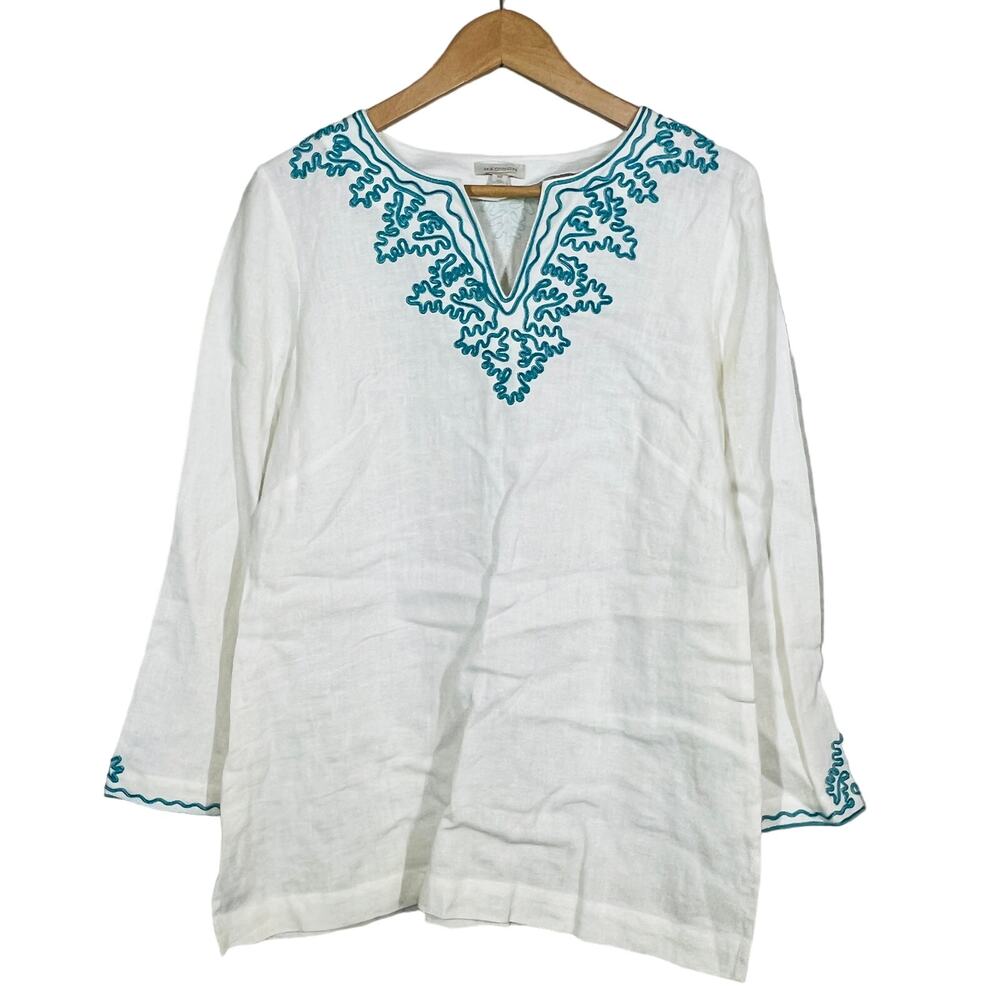 Madison the Label Flax Tunic Linen Top Long Sleeve Blouse White Teal Casual - M